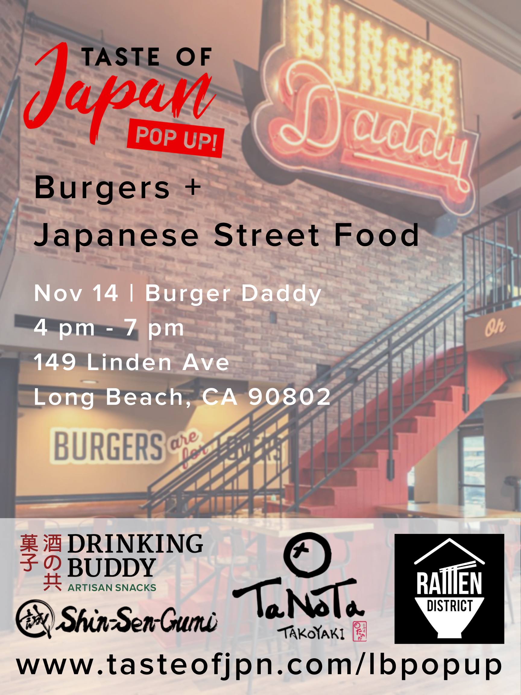 Poster for Taste of Japan event at Burger Daddy Long Beach